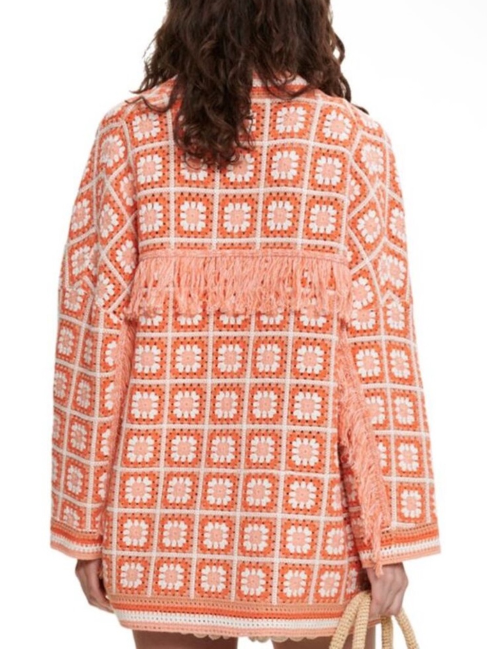 Maje Mathiou Cotton Fringe Orange White Crochet Knit Cardigan Sweater - Picture 2 of 7